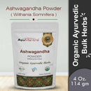 Package of AyuMantra Ashwagandha Powder on a light wooden surface with a white background