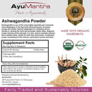 AyuMantra Ashwagandha Powder packaging with supplement facts and product details.