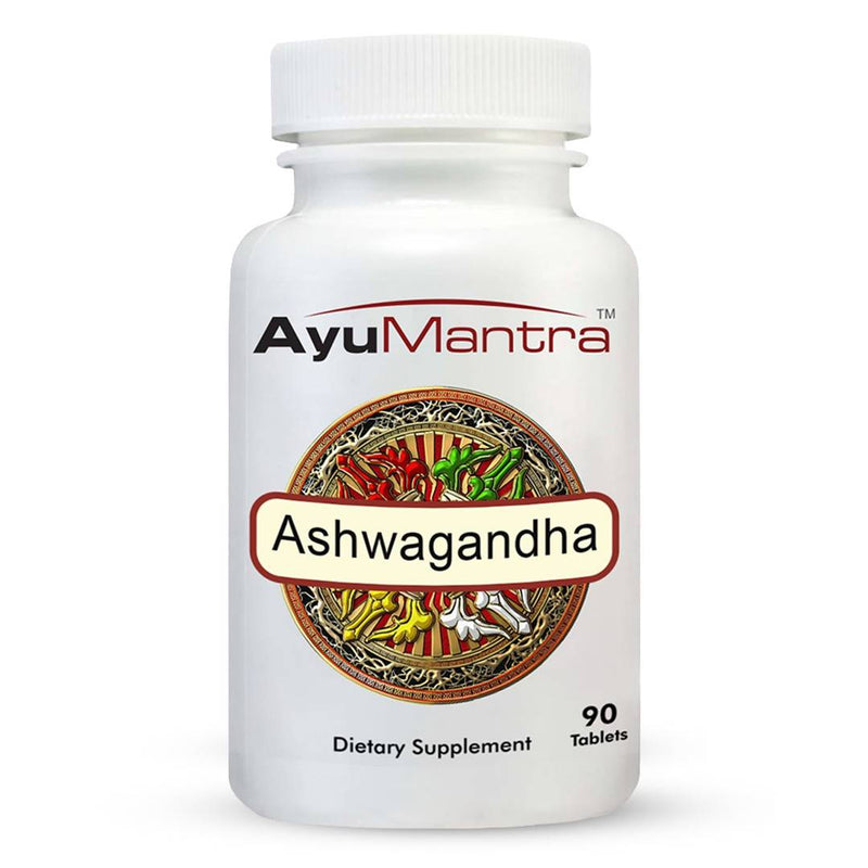 Front view of Ayumantra Ashwagandha tablets bottle showing the decorative herbal label design.