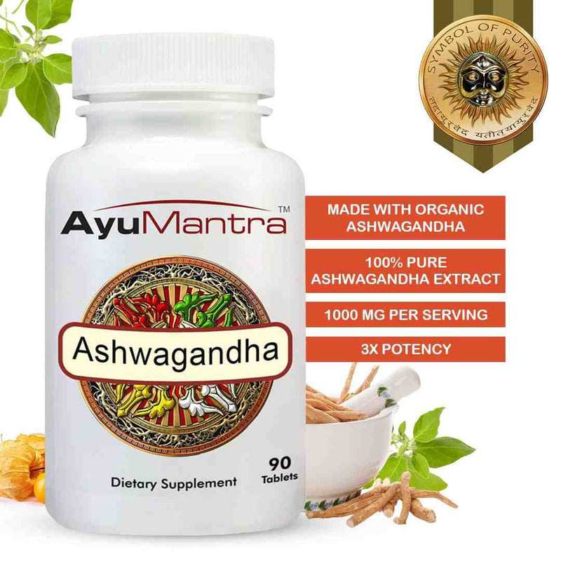 Ayumantra Ashwagandha tablets bottle with organic root extract benefits listed in orange text boxes.