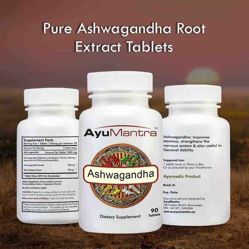 Three Ayumantra Ashwagandha tablets bottles displaying supplement facts and suggested use text.