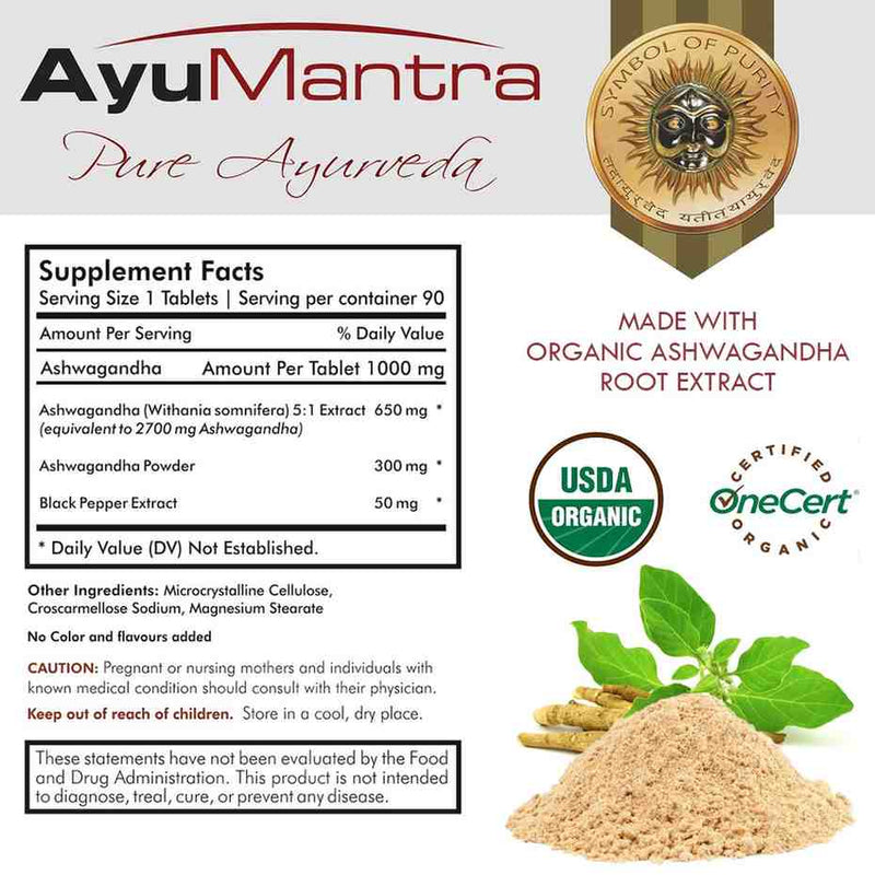AyuMantra Pure Ayurveda supplement label with supplement facts and organic certification logos.