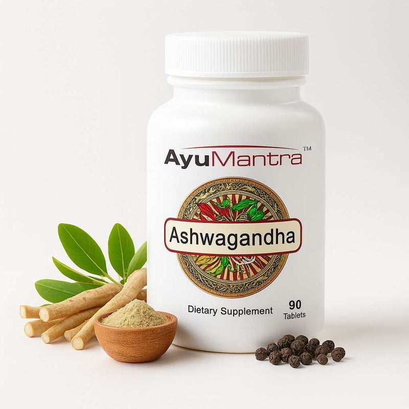 Ayumantra Ashwagandha tablets bottle with roots, leaves, powder bowl and black pepper on a white background.