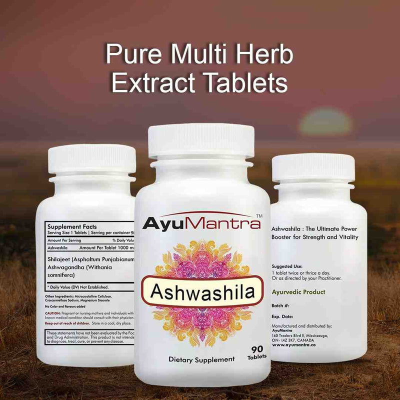 Front and back labels of Ayumantra Ashwashila tablets showing pure multi herb extract information.