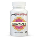 Ayumantra Ashwashila tablets bottle, 90-count dietary supplement on white background.