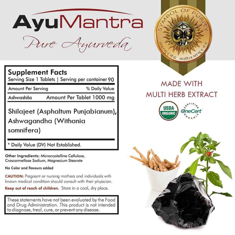Ashwashila tablets bottle with shilajit rocks and ashwagandha roots emphasizing organic multi-herb extract