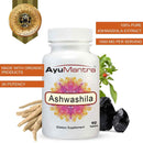 AyuMantra Ashwashila dietary supplement bottle with ingredients on a white background.