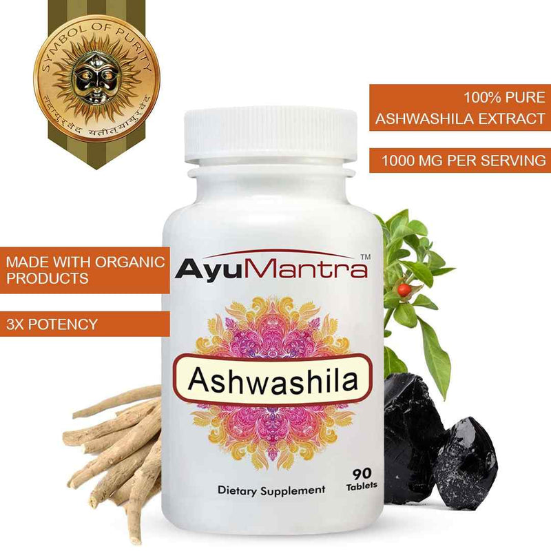 AyuMantra Ashwashila dietary supplement bottle with ingredients on a white background.