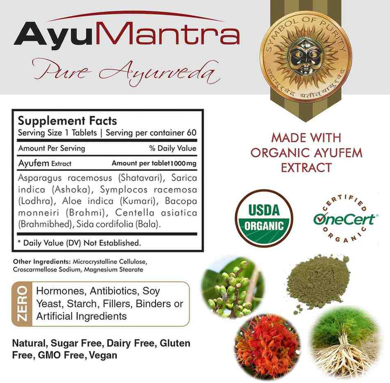 AyuMantra Pure Ayurveda supplement label with ingredients and certification logos.