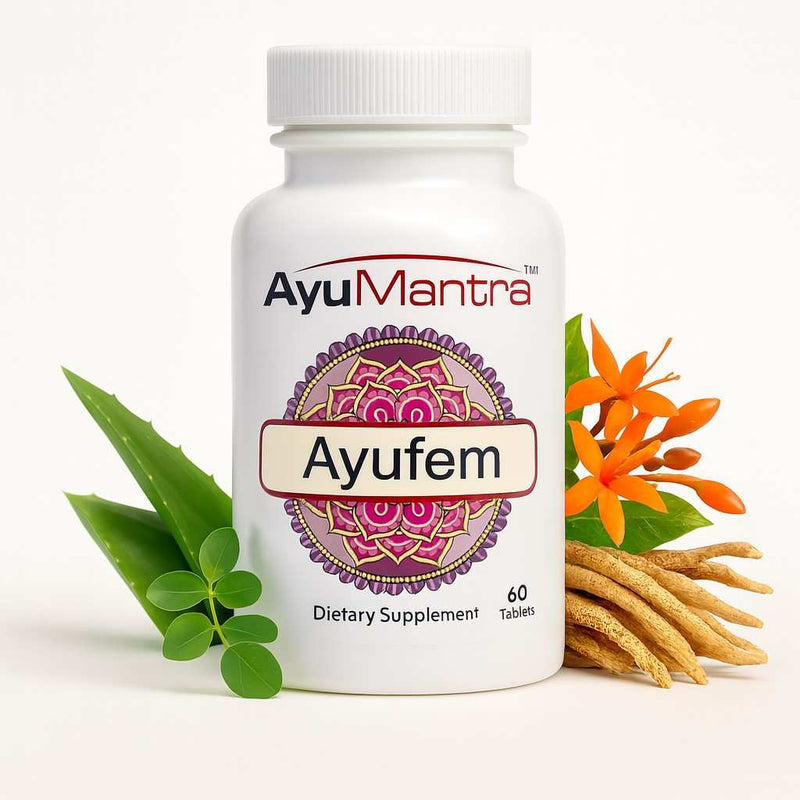 AyuMantra Ayufem dietary supplement bottle with natural elements on a white background.
