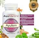 AyuMantra Ayufem dietary supplement bottle with product details and natural elements on a white background.