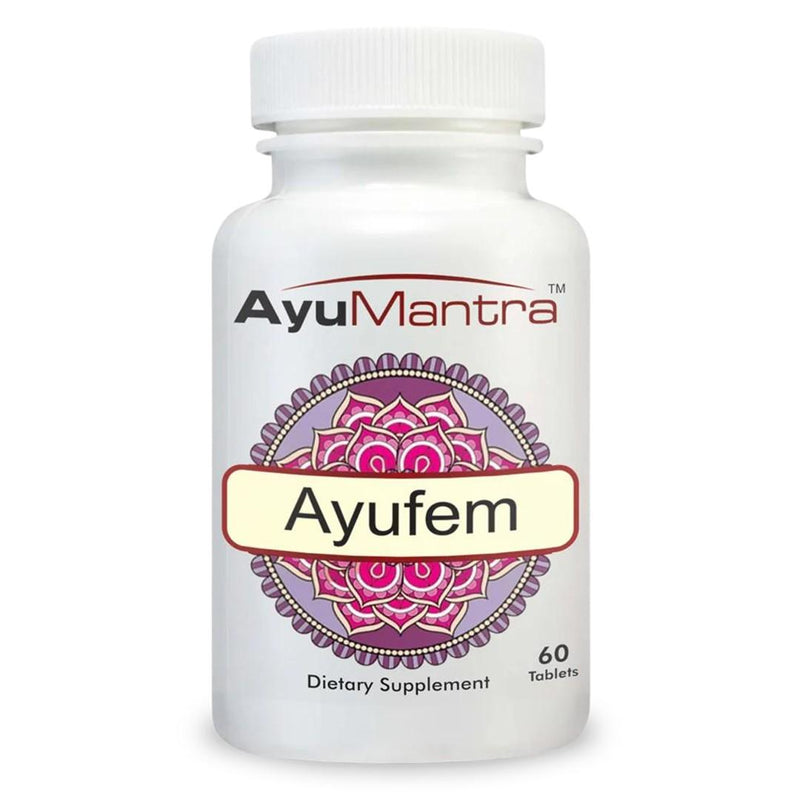 AyuMantra Ayufem dietary supplement bottle on a white background.