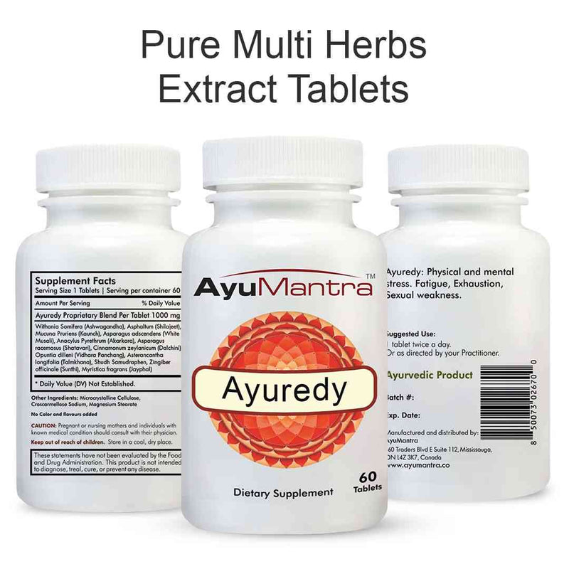Ayurvedic dietary supplement bottles labeled 'Ayumantara' on a white background.
