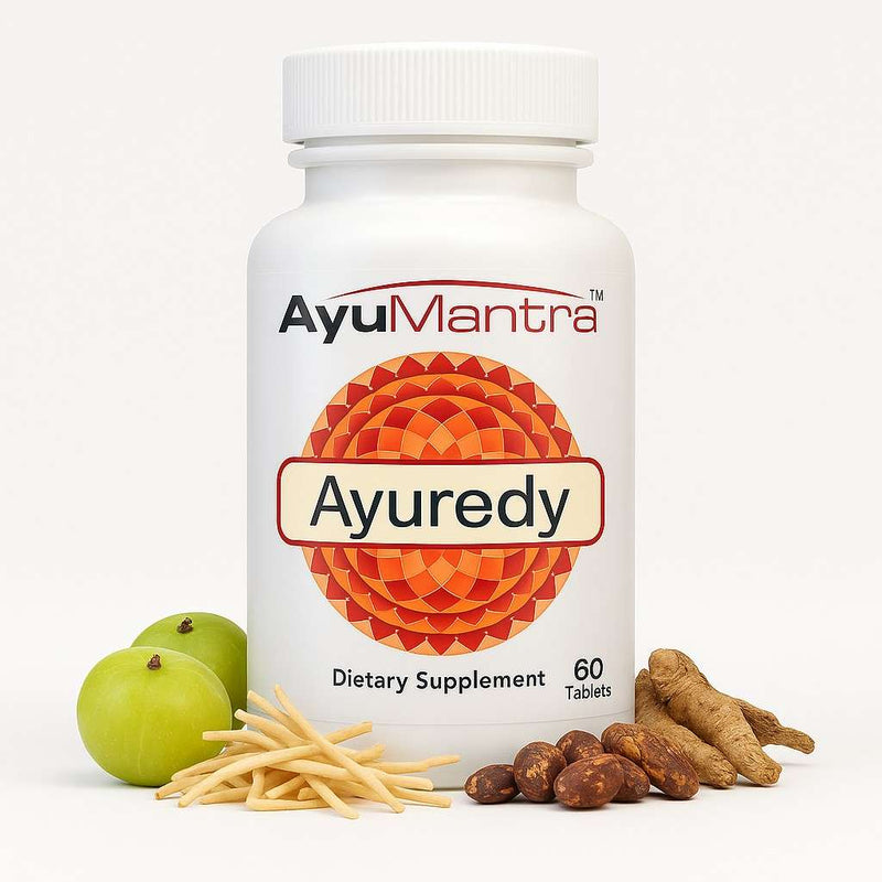 AyuMantra Ayurvedic dietary supplement bottle with ingredients on a white background.