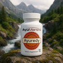 Ayurvedic supplement bottle with mountain and river background.