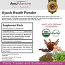 Ayush Kwath Powder packaging with supplement facts, ingredients, and organic certification logos.