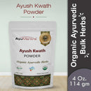 Ayush Kwath Powder package with AyuMantra branding on a light green background