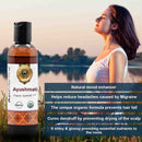Ayushmati Organic Ayurvedic Oil bottle with a woman in a field, featuring product benefits.