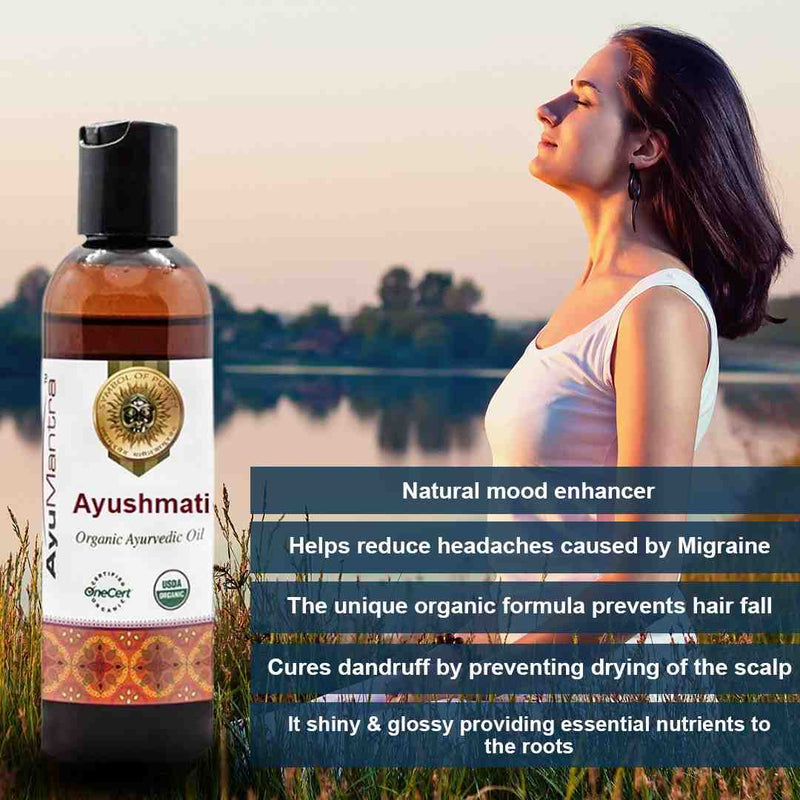 Ayushmati Organic Ayurvedic Oil bottle with a woman in a field, featuring product benefits.