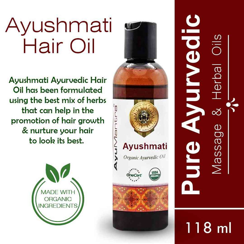 Ayushmati Hair Oil bottle with product details on a white background