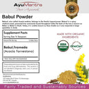 AyuMantra Babul Powder label with supplement facts, organic certification logos, and a yellow flower.
