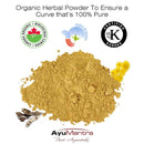 Yellow herbal powder with AyuMantra branding and certification logos on a white background