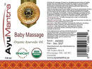 Label of AyuMantra Baby Massage Organic Ayurvedic Oil with branding and certification logos.