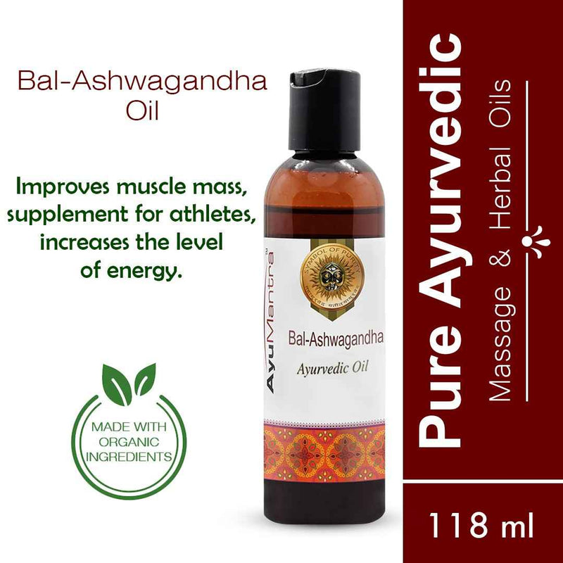 Bal-Ashwagandha oil bottle with product description on a white background