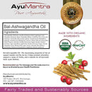 AyuMantra Bal-Ashwagandha Oil packaging with ingredients list, organic certification logos, and product details.