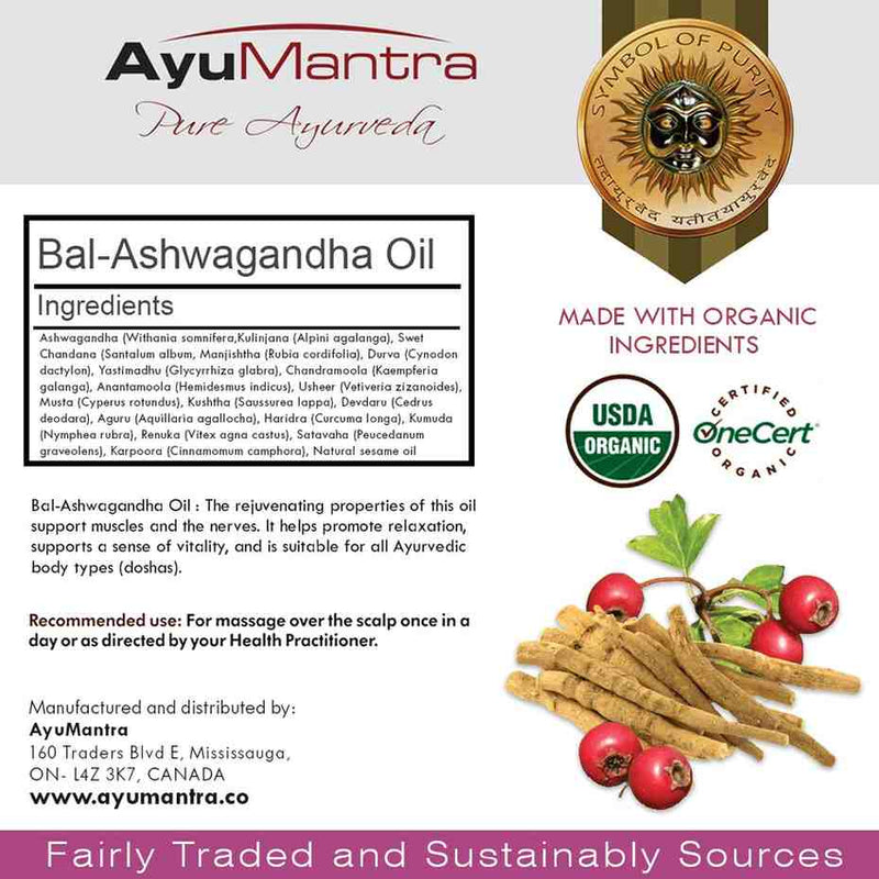 AyuMantra Bal-Ashwagandha Oil packaging with ingredients list, organic certification logos, and product details.