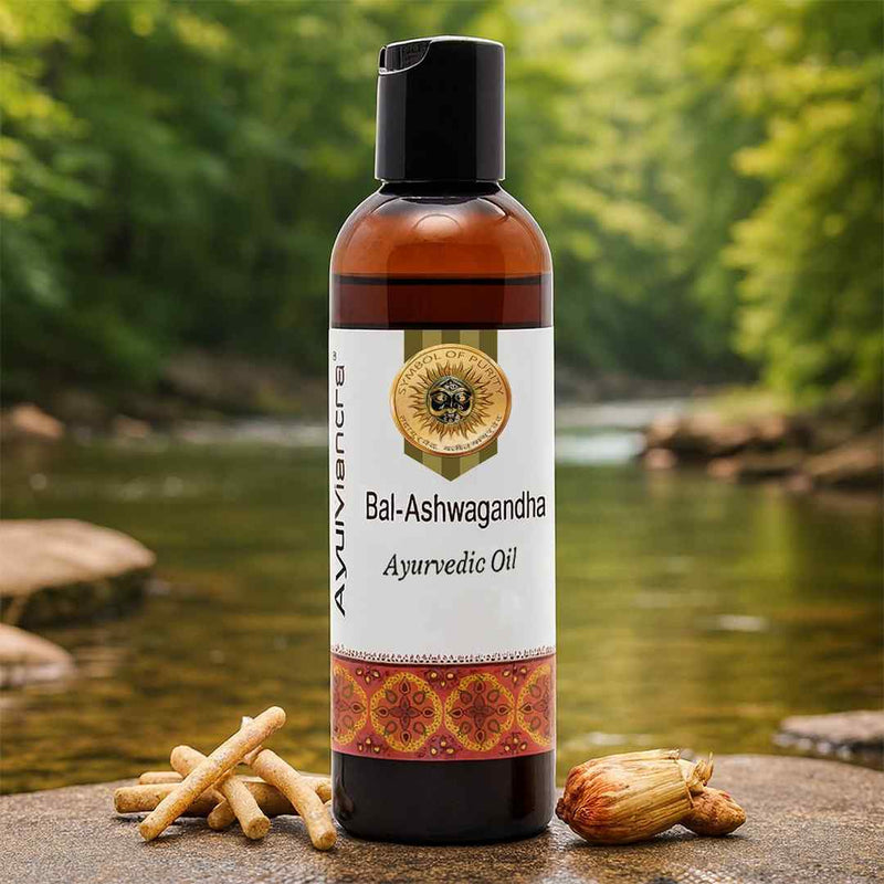 Bottle of Bal-Ashwagandha Ayurvedic Oil with natural elements in the background