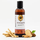 Bottle of AyuVarta Bal-Ashwagandha Ayurvedic Oil with ingredients on a white background