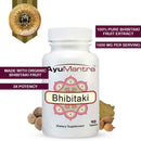 AyuMantra Bhibitaki dietary supplement bottle with product details on a white background.