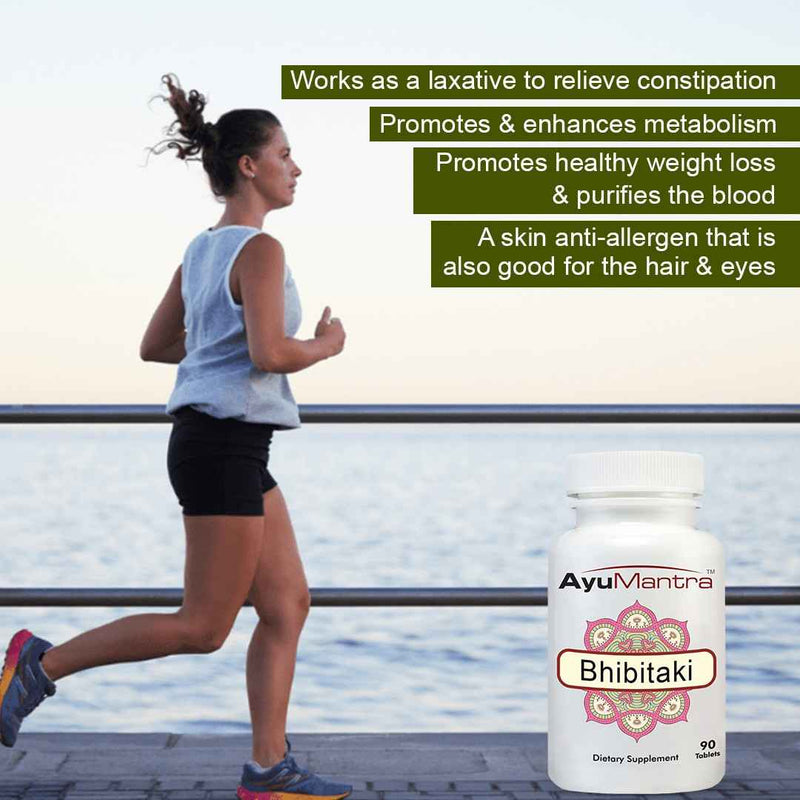 Woman jogging by the sea with Ayumantra Bhibitaki tablets bottle and benefit highlights in text.