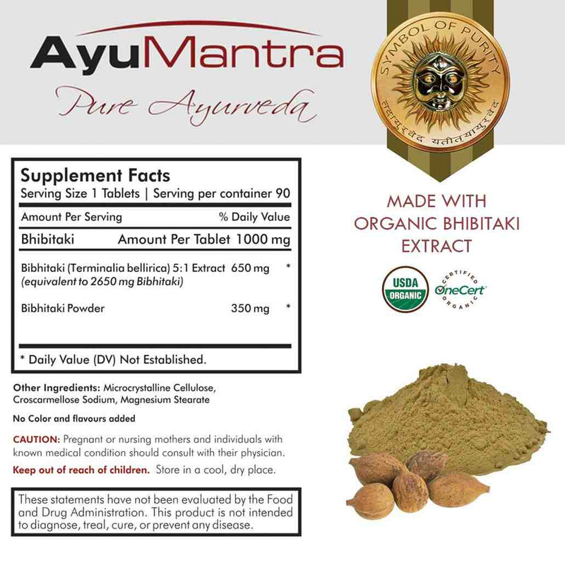 Ayumantra Bhibitaki tablets supplement facts panel with organic extract icons, fruit and powder at the bottom.
