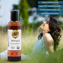 Bhringraj organic ayurvedic oil bottle with a woman in a field, featuring product benefits.
