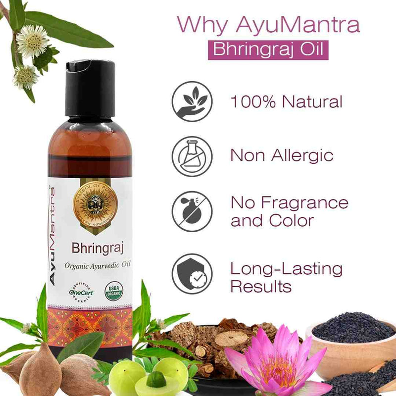 AyuMantra Bhringraj Oil bottle with product features on a white background