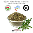 Organic herbal powder in a glass bowl with certification logos and AyuMantra branding.