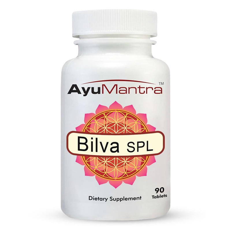 AyuMantra Bilva SPL dietary supplement bottle on a white background.