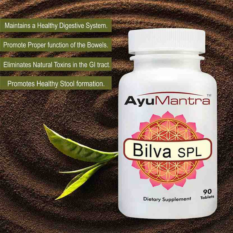 AyuMantra Bilva SPL dietary supplement bottle with text on a brown background.