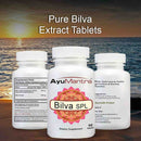 AyuMantra Bilva SPL supplement bottles with a sunset over water background.