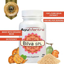 AyuMantra Bilva SPL supplement bottle with ingredients and product details on a white background.