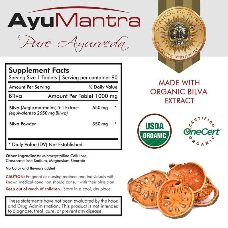 AyuMantra Pure Ayurveda supplement label with organic certification logos and bilva extract imagery.