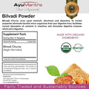 Label for AyuMantra Bilvadi Powder with supplement facts and organic certification logos.