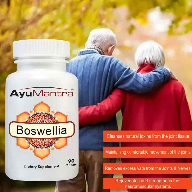 AyuMantra Boswellia supplement bottle with an elderly couple in the background.