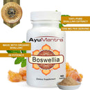 AyuMantra Boswellia dietary supplement bottle with text highlighting features on a white background.
