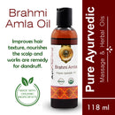 Brahmi Amla oil bottle with product description on a white background