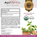AyuMantra Brahmi Oil packaging with product details and branding elements.