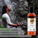 Brahmi organic ayurvedic oil bottle with a man meditating by a waterfall