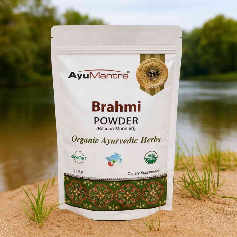 AyuMantra Brahmi Powder package with a natural background
